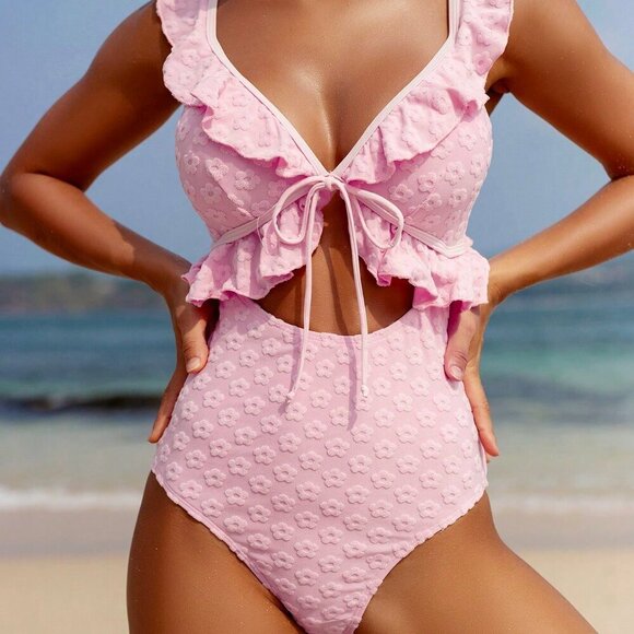Pink Cute Women's Beach Vacation Jacquard Ruffle Trim One-Piece Swimsuit - Picture 3 of 8